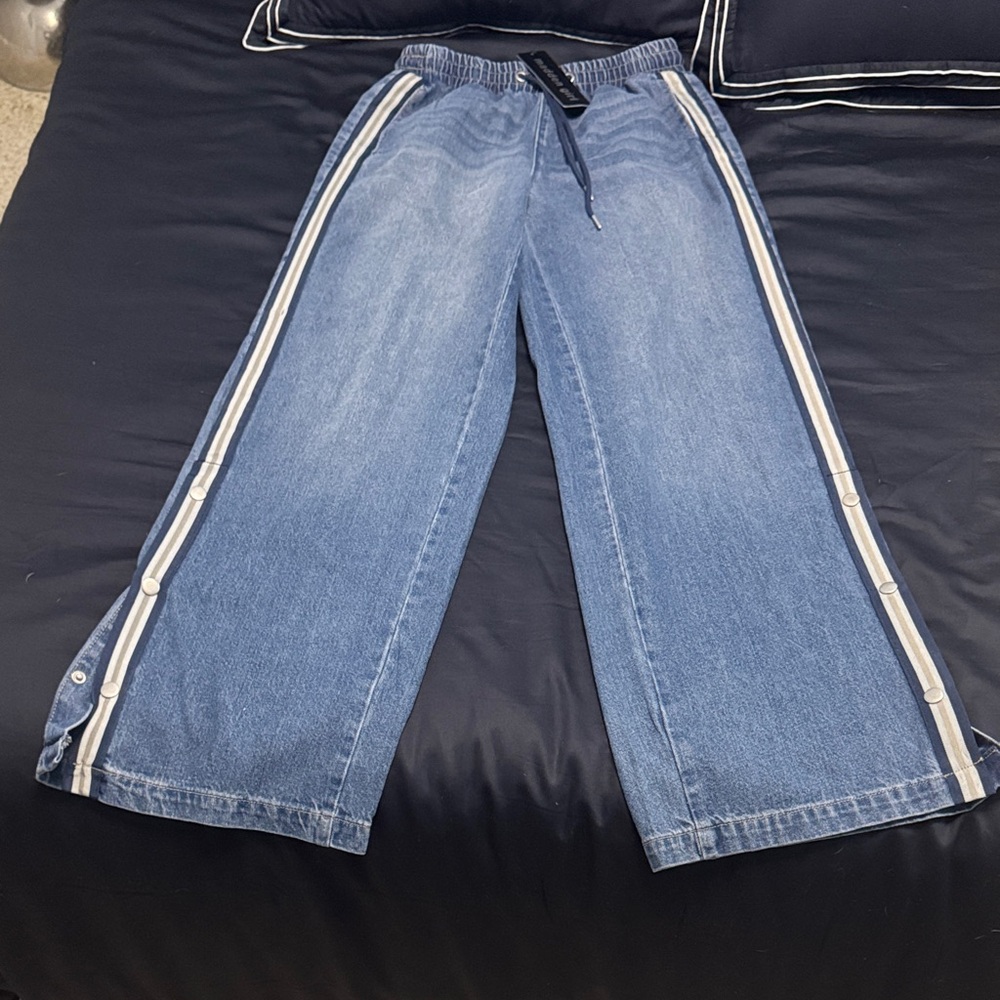 Madden Girl Blue Wide Leg Pants with White Stripes